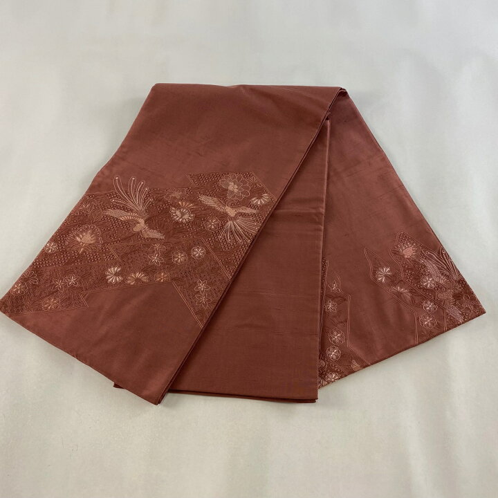 楽天市場】袋帯 美品 秀品 紬地 尾長鳥 草花 刺繍 小豆色 お太鼓柄 
