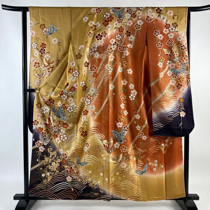 楽天市場】振袖 身丈159.5cm 裄丈63.5cm S 袷 蝶 桜 金彩 染め分け  
