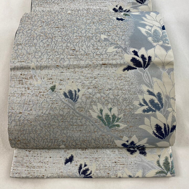 楽天市場】袋帯 美品 名品 ぜんまいつむぎ織 藍染苑 枝花 箔 灰白 六通 