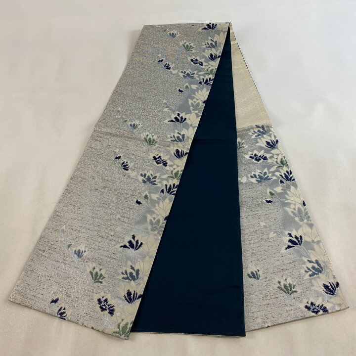 楽天市場】袋帯 美品 名品 ぜんまいつむぎ織 藍染苑 枝花 箔 灰白 六通 