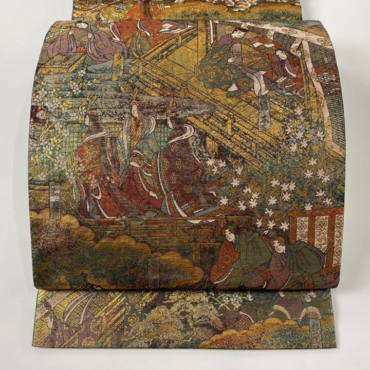 楽天市場】袋帯 美品 秀品 源氏物語 本金箔 プラチナ箔 緑 全通 正絹 