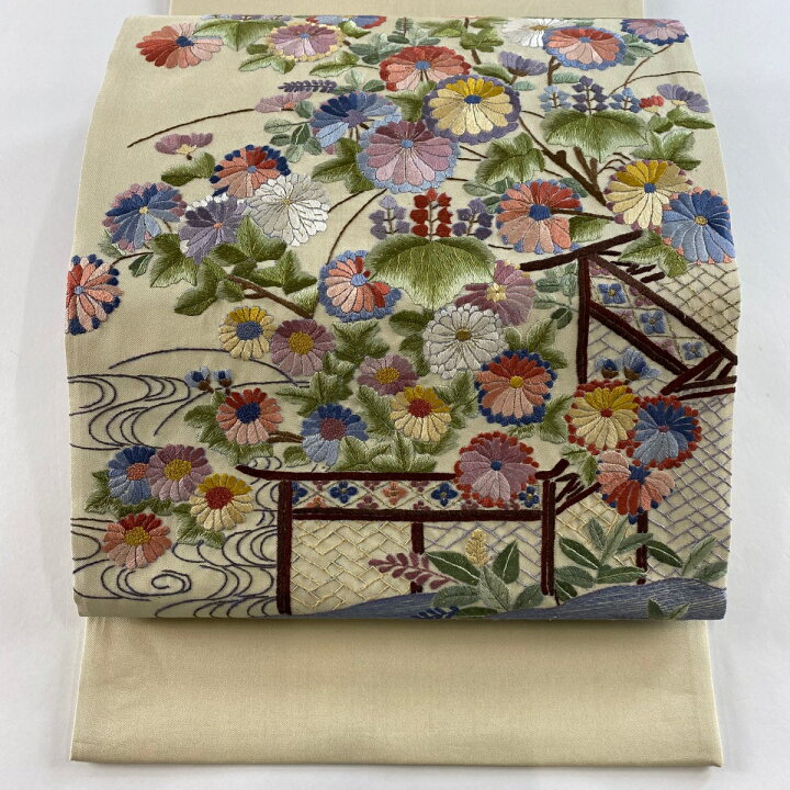 楽天市場】袋帯 美品 名品 菊 流水 金糸 刺繍 ベージュ お太鼓柄 正絹 