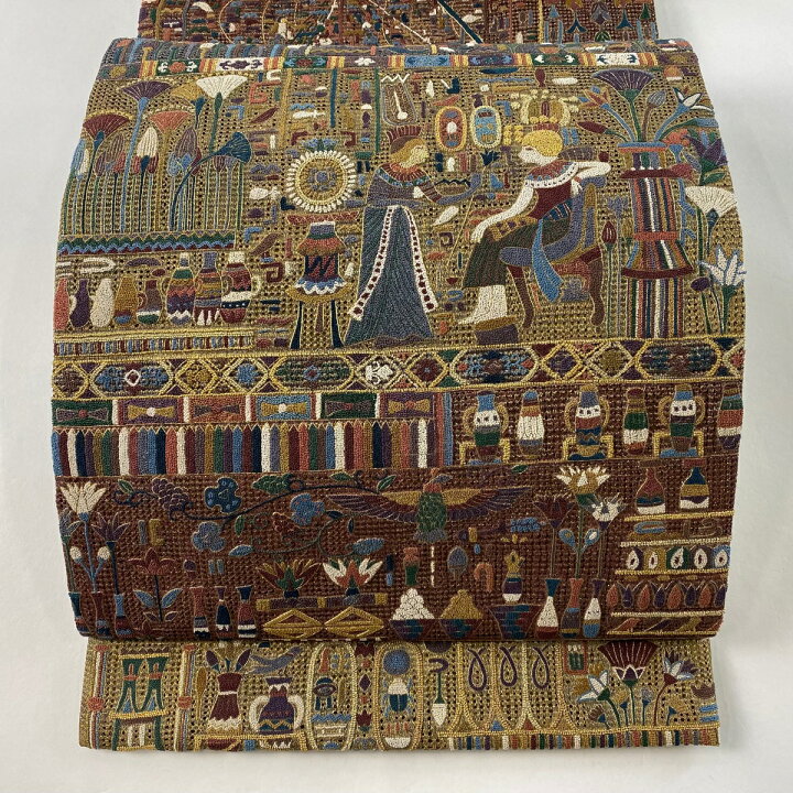 楽天市場】袋帯 美品 逸品 コプト柄 相良刺繍 金糸 茶緑色 六通 正絹  