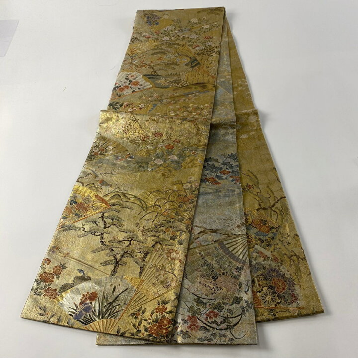 本金箔全通丸帯 楽天市場】丸帯 名品 桃山扇面屏風文 プラチナ本金箔