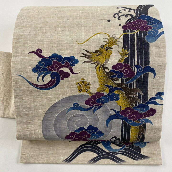楽天市場】名古屋帯 逸品 紬地 登り龍 雲文 金彩 ベージュ 正絹 【中古  