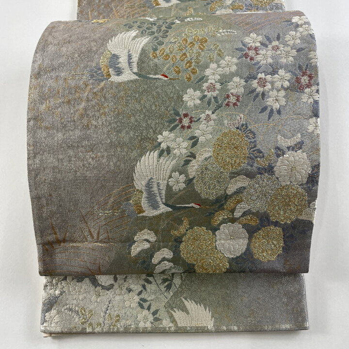 袋帯 秀品 鶴 菊 金銀糸 箔 金色 六通 正絹 【中古】（袋帯 美品 秀品 