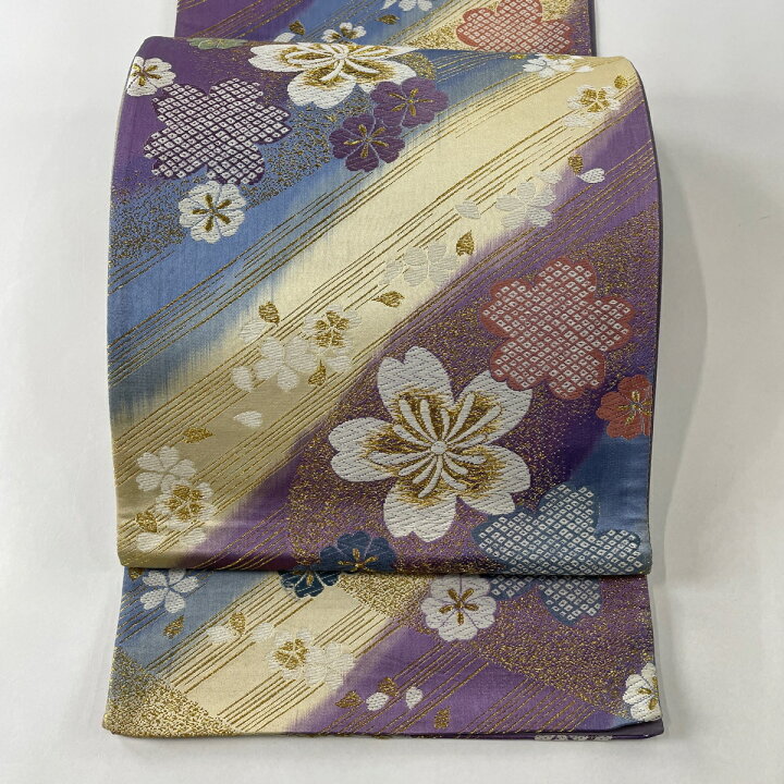 楽天市場】袋帯 秀品 桜 斜縞 金糸 紫 六通 正絹 【中古】 : バイセル 