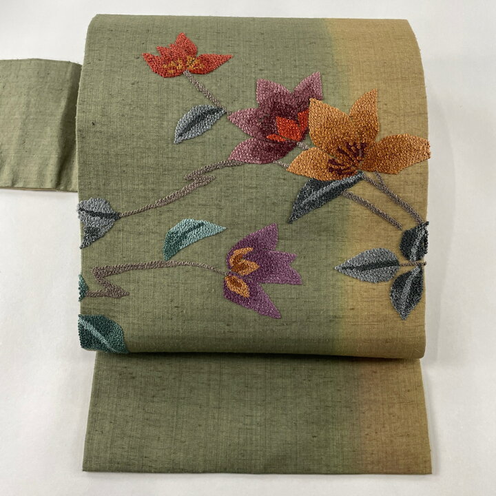 楽天市場】名古屋帯 美品 秀品 紬地 草花 刺繍 鶯色 正絹 【中古 