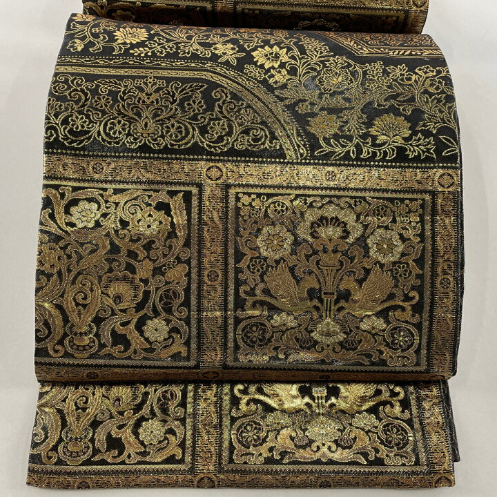 楽天市場】袋帯 美品 名品 花唐草 幾何学 箔 黒 六通 正絹 【中古 