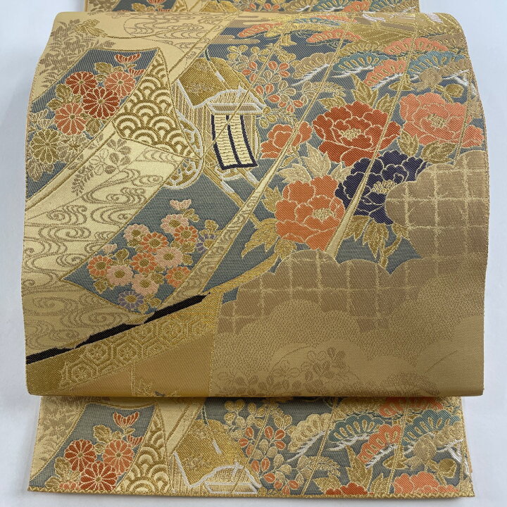 楽天市場】袋帯 美品 秀品 関西仕立て 几帳絵巻文 純金二重箔 金色 六  