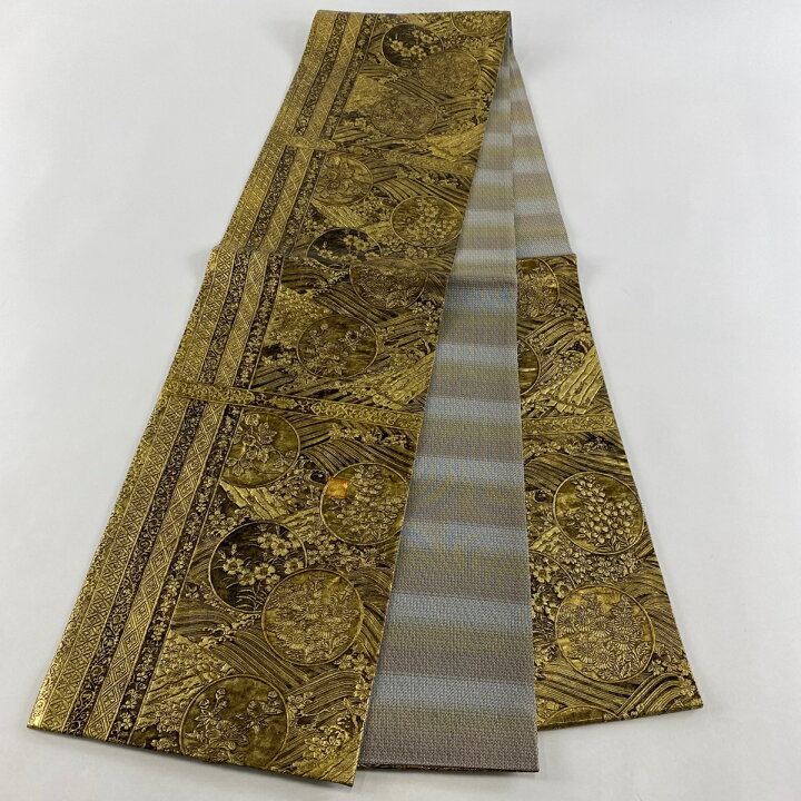 楽天市場】袋帯 美品 逸品 落款あり 丸文 草花 金唐革 金色 六通 正絹  