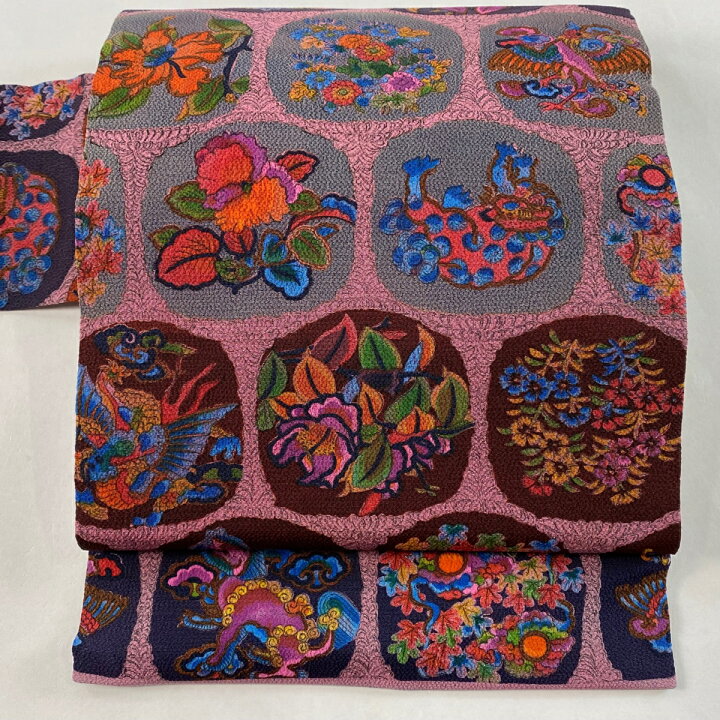 楽天市場】名古屋帯 美品 名品 山岡古都 落款あり 草花 鳥 縮緬 ピンク 