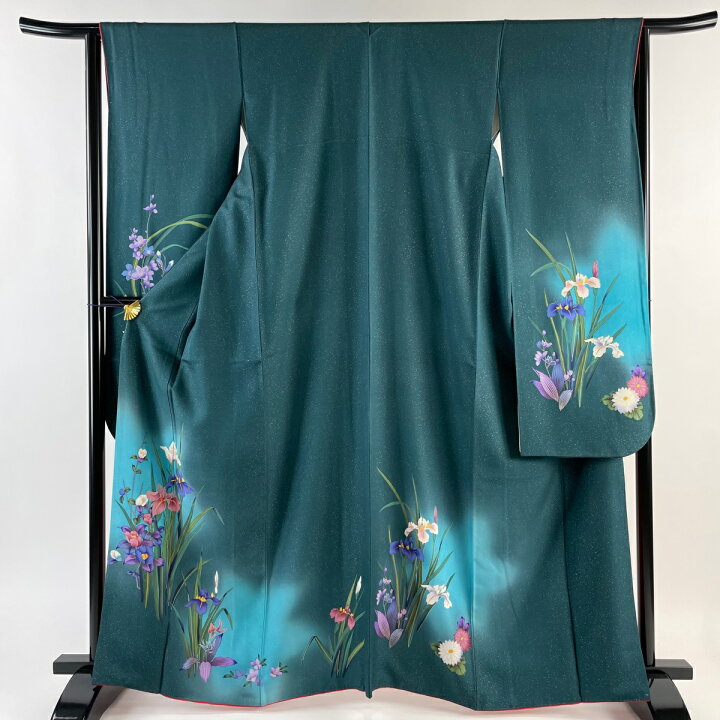 楽天市場】振袖 身丈165cm 裄丈64.5cm M 袷 菖蒲 椿 刺繍 箔 深緑 正絹  