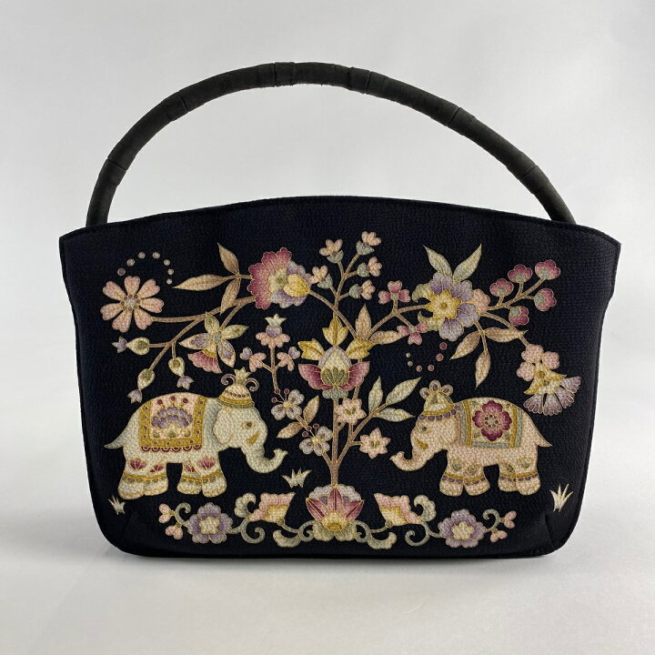 楽天市場】和装バッグ 逸品 OKAJIMA 草花 象 金彩 縮緬 黒 正絹 和装 