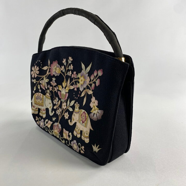 楽天市場】和装バッグ 逸品 OKAJIMA 草花 象 金彩 縮緬 黒 正絹 和装 