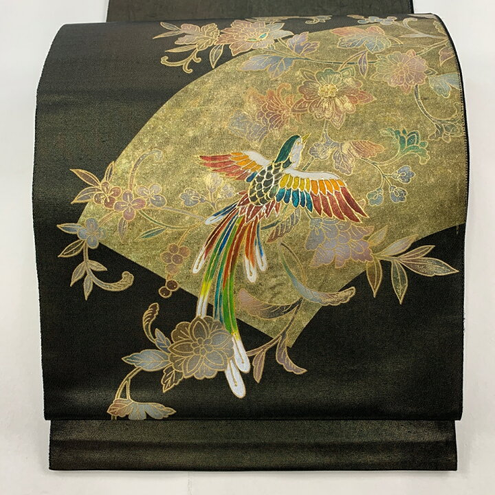 楽天市場】袋帯 秀品 尾長鳥 花唐草 螺鈿 金銀彩 墨色 お太鼓柄 正絹 