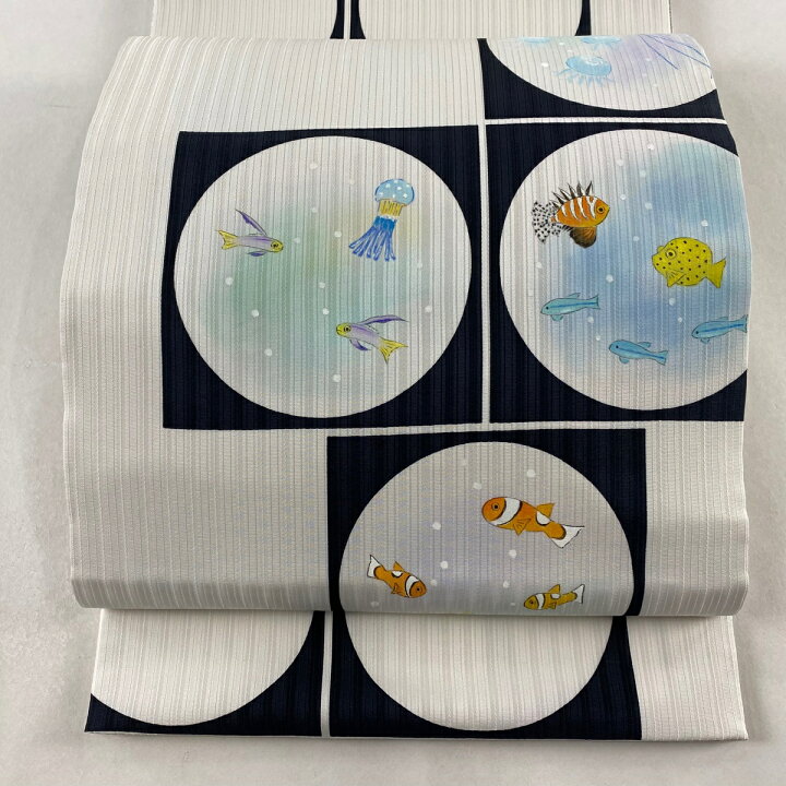 楽天市場】袋帯 美品 逸品 魚 くらげ 白 お太鼓柄 正絹 【中古  