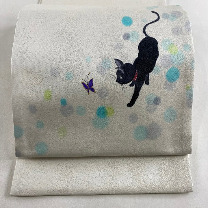 楽天市場】袋帯 美品 逸品 落款あり ikki流 黒猫 蝶 銀通し 金彩 白 