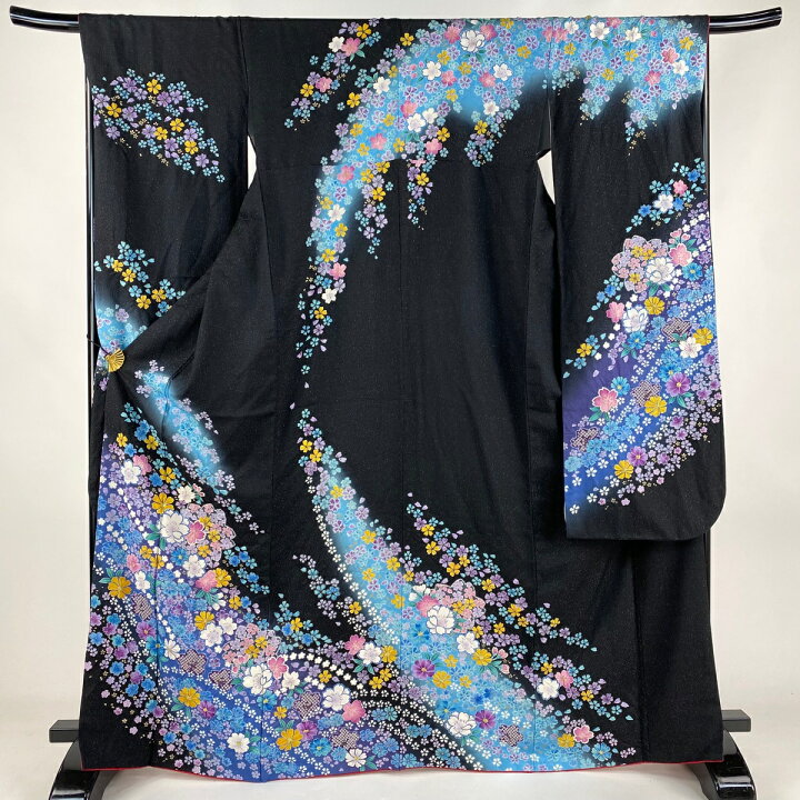 楽天市場】振袖 身丈166.5cm 裄丈67.5cm L 袷 桜 草花 銀通し 絞り 黒 