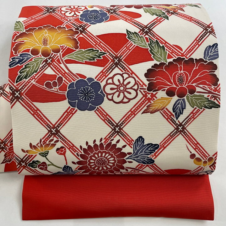 楽天市場】名古屋帯 美品 秀品 牡丹 斜め格子 朱色 正絹 【中古  