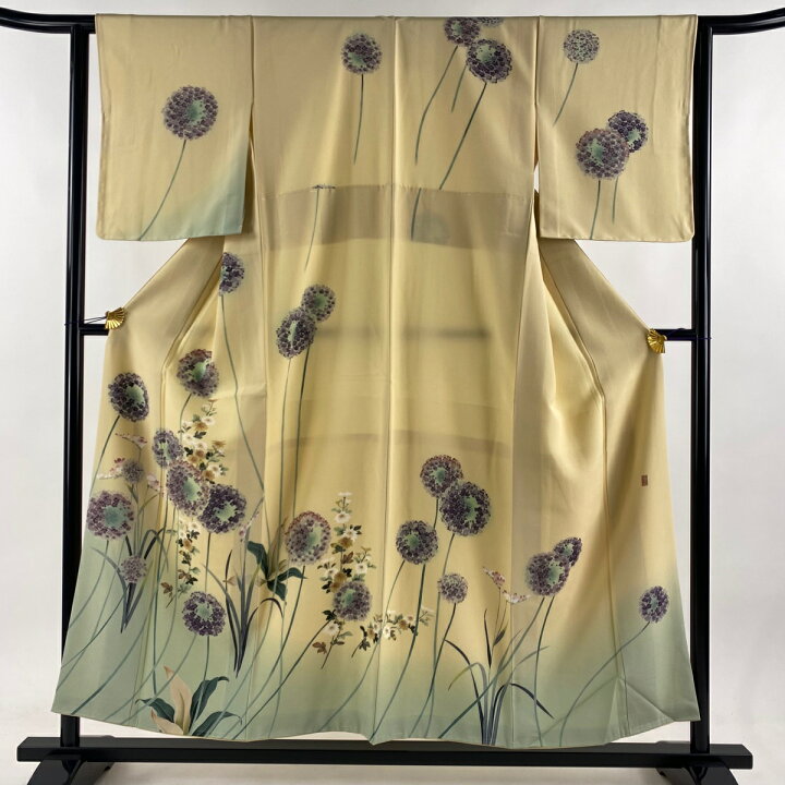 訪問着 身丈155.5cm 裄丈64.5cm M 袷 菊 枝梅 染め分け ぼかし 青灰色 正絹 秀品 一つ紋 【中古】