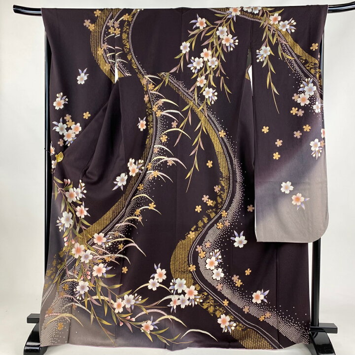 振袖 身丈168cm 裄丈69cm L 袷 鶴 桜 金彩 染め分け 灰紫 正絹 秀品  