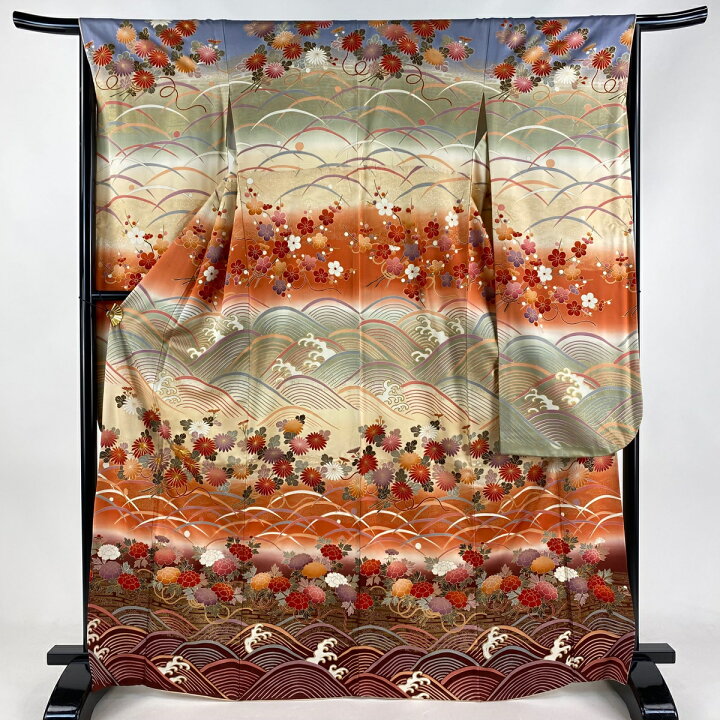 振袖 身丈157.5cm 裄丈63cm S 袷 鶴 菊 金糸 金彩 サーモンピンク 正絹  