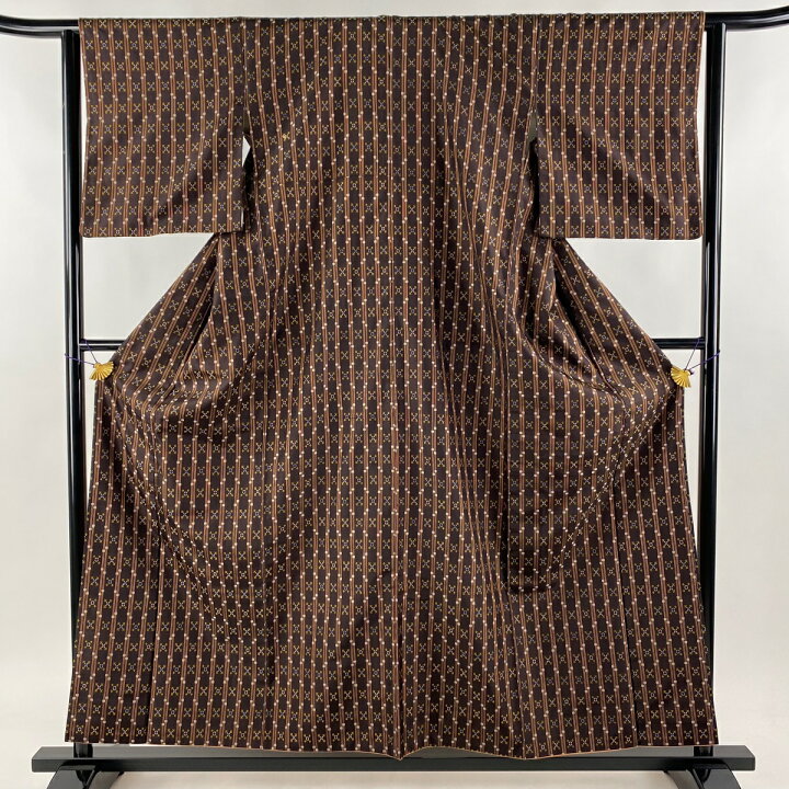 楽天市場】紬 身丈157.5cm 裄丈62cm S 袷 縦縞 花 焦茶色 正絹 逸品  