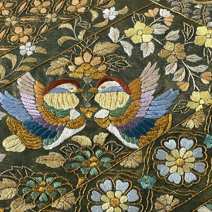 楽天市場】袋帯 美品 逸品 華文 向い鳥 刺繍 金銀糸 灰緑 六通 正絹 