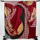 振袖 身丈167.5cm 裄丈68.5cm L 袷 花車 菱 金銀彩 絞り 赤 正絹 名品 【中古】 msp30