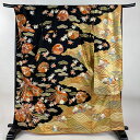 振袖 身丈167cm 裄丈70cm L 袷 鳳凰 花丸文 金糸 金彩 黒 正絹 名品 【中古】
