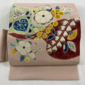 名古屋帯 秀品 落款あり 草花 縮緬 薄ピンク 正絹 【中古】