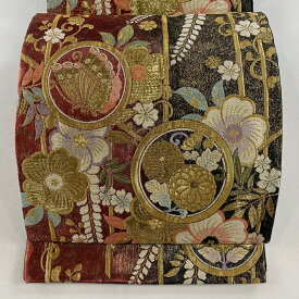 袋帯 秀品 振袖向き 蝶 草花 金糸 箔 赤 六通 正絹 【中古】