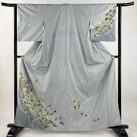 付下げ 身丈164cm 裄丈62cm S 袷 紬地 草花 灰色 正絹 名品 【中古】
