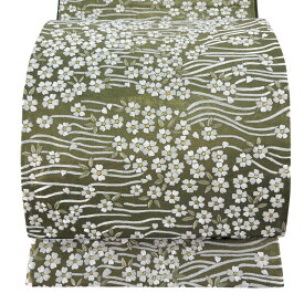 袋帯 逸品 桜 流水 金糸 刺繍 鶯色 六通 正絹 【中古】