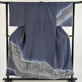 付下げ 身丈154.5cm 裄丈62.5cm S 袷 落款あり 花唐草 花鳥 金彩 ぼかし 灰色 正絹 秀品 【中古】