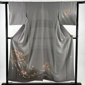 付下げ 身丈154cm 裄丈62cm S 袷 扇 草花 刺繍 金糸 灰色 正絹 秀品 【中古】