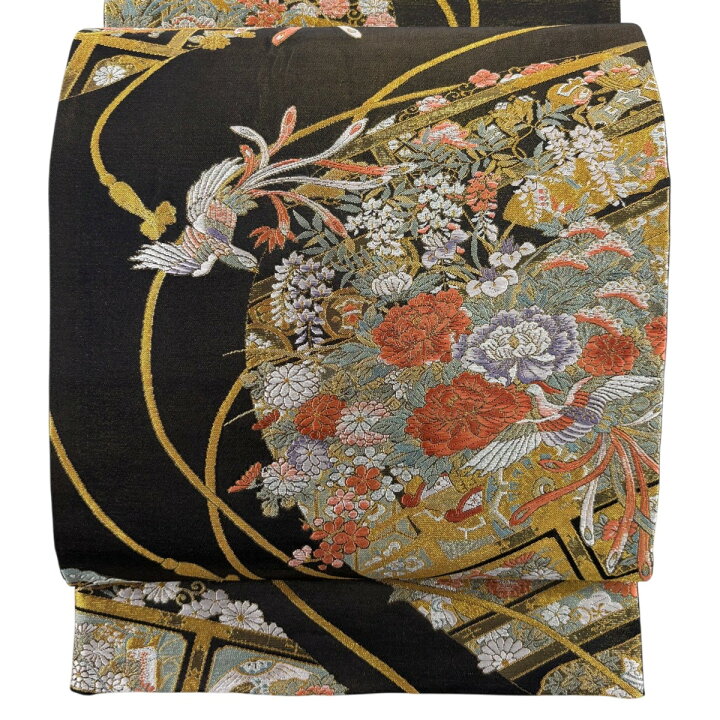 楽天市場】袋帯 秀品 草花 鳥 金銀糸 箔 黒 六通 正絹 【中古 