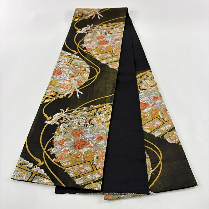 楽天市場】袋帯 秀品 草花 鳥 金銀糸 箔 黒 六通 正絹 【中古 