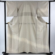 【美品】 付下げ 身丈159cm 裄丈63cm S 単衣 紬地 縞 葉柄 ベージュ 正絹 秀品 【中古】