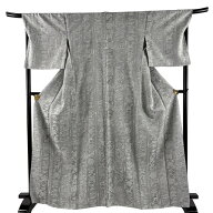 【美品】 小紋 身丈168cm 裄丈69cm L 袷 草花 動物 紋意匠 灰色 正絹 名品 【中古】