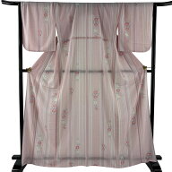【美品】 小紋 身丈166cm 裄丈68cm L 薄物 絽 英 草花 縞 薄ピンク 化繊 秀品 【中古】