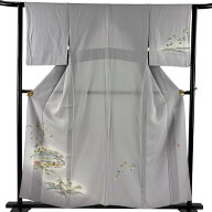 付下げ 身丈158cm 裄丈62cm S 単衣 落款あり 風景 葡萄 ぼかし 灰色 正絹 秀品 【中古】