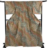 【美品】 小紋 身丈168cm 裄丈68cm L 袷 紬地 証紙あり 草花 観世水 薄茶色 正絹 秀品 【中古】