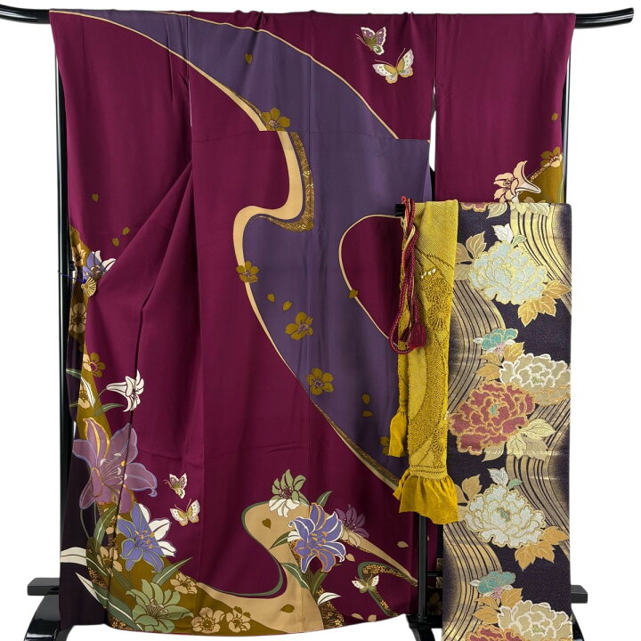 楽天市場】振袖 身丈169cm 裄丈70cm L 袷 袋帯フルセット 蝶 百合 金彩 