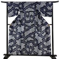 【美品】 浴衣 身丈155cm 裄丈66cm M 絞り浴衣 草花 濃紺 綿 名品 【中古】 msp30