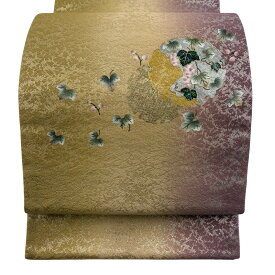 袋帯 逸品 藤本隆士 落款あり 雪輪 葡萄 金通し 金彩 山吹色 お太鼓柄 正絹 【中古】