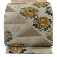 【美品】 袋帯 秀品 菊 鱗 金銀糸 箔 クリーム 六通 正絹 【中古】
