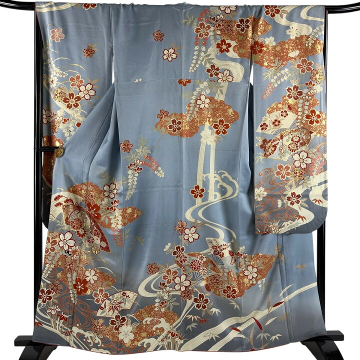 楽天市場】振袖 身丈159.5cm 裄丈68cm L 袷 扇 桜 金糸 金彩 青灰色 