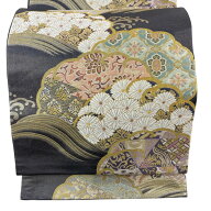 【美品】 袋帯 秀品 菊 華文 金糸 箔 灰紫 六通 正絹 【中古】